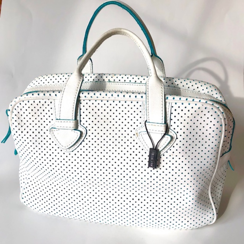 Innue Perforated White Leather Handbag with Turquoise Trim NWOT